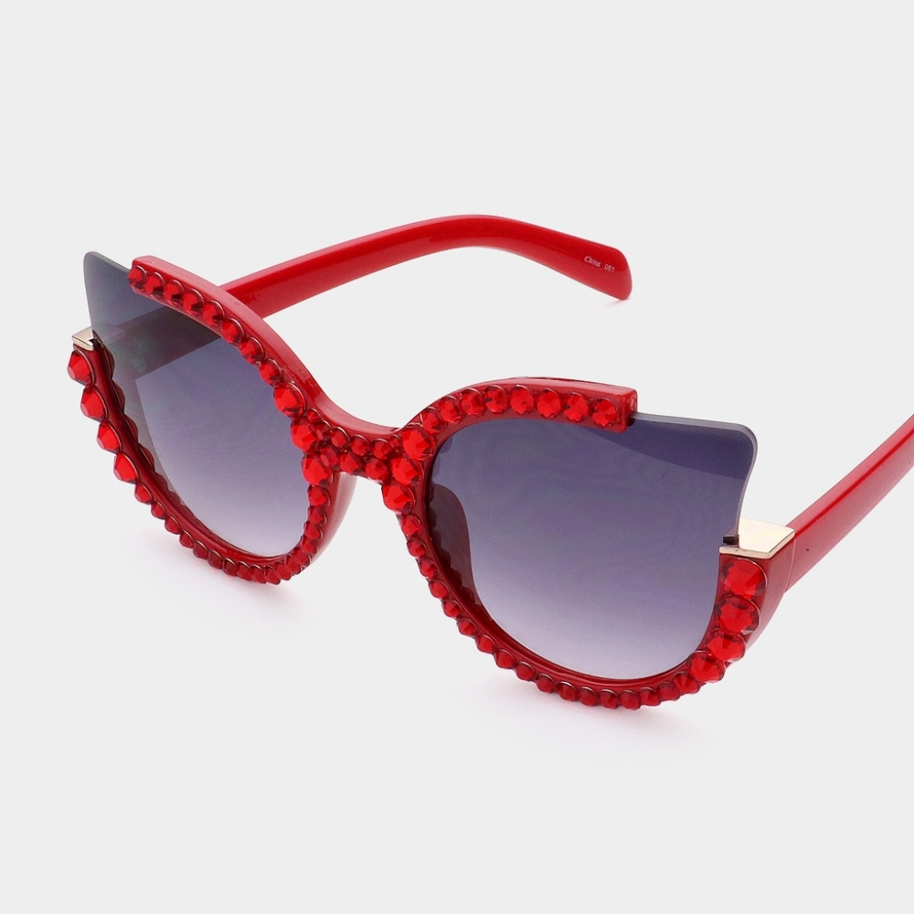 Red Crystal Cat Eye Bling Sun Glasses Studded Shades Rhinestone